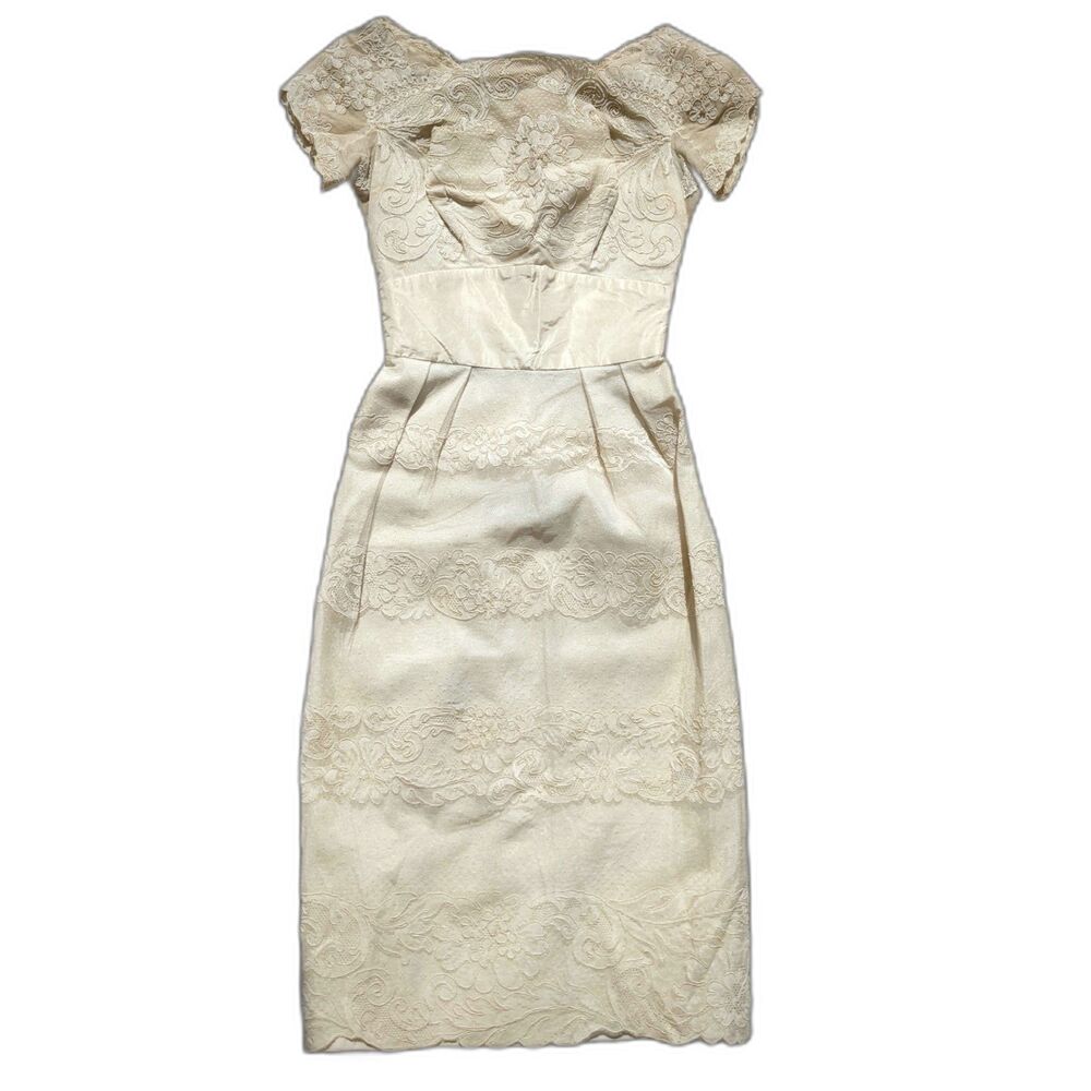 Vintage 50s Pinup Ivory Wedding Wiggle Dress, BIANCHI, Lace & Beaded, Sz. 00/0